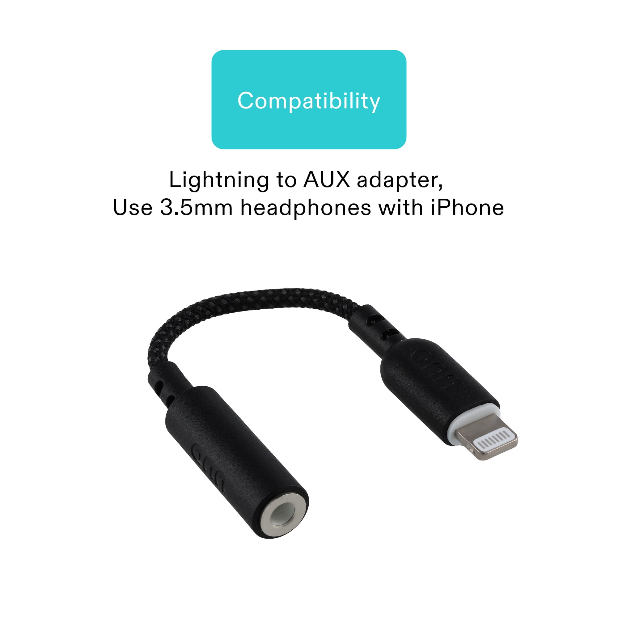onn Braided Lightning to 3.5mm Aux Adapter, Black