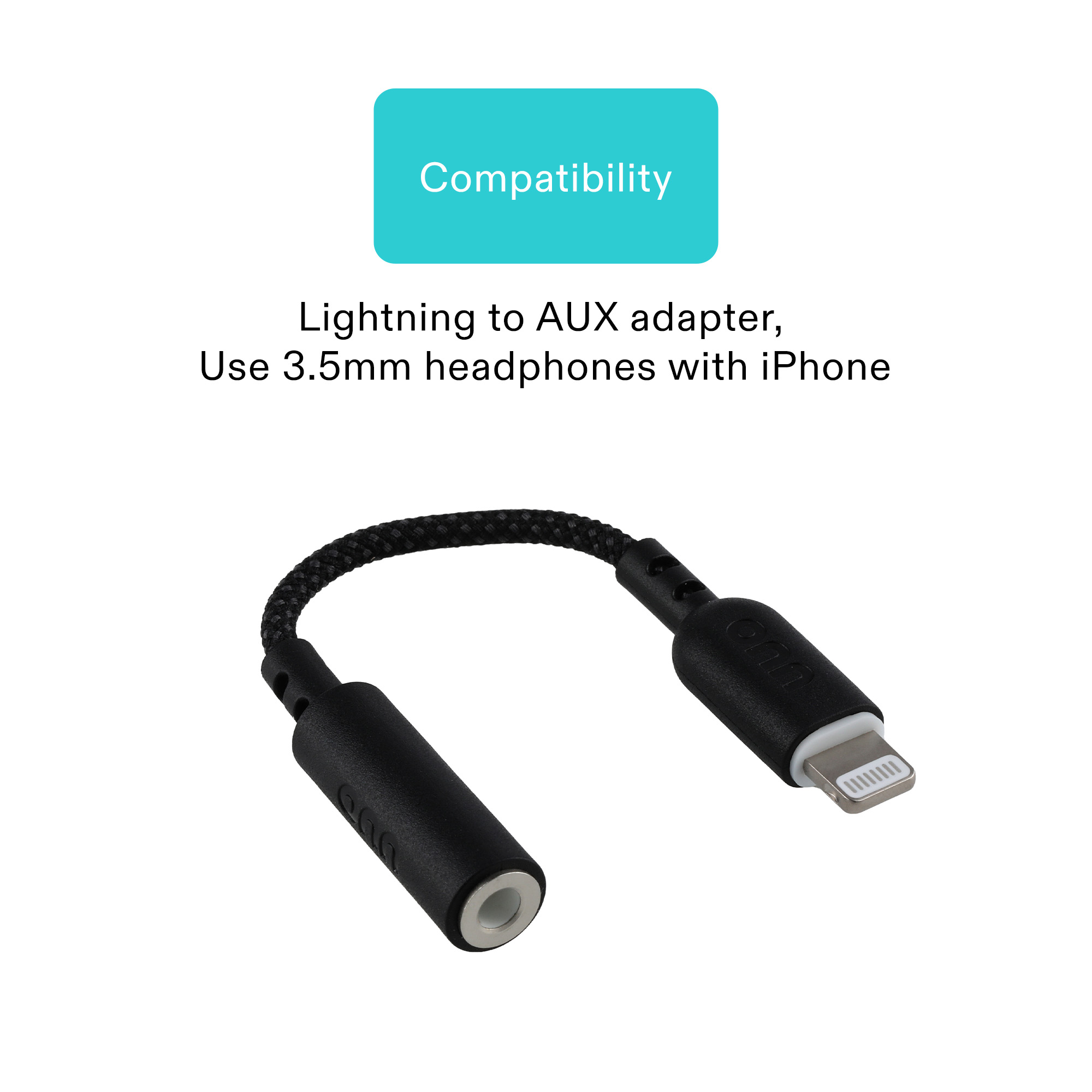 onn Adaptador Trenzado Lightning a AUX de 3.5mm, Negro 3