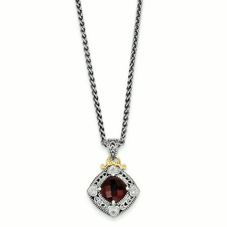 14k Gold Garnet Necklace - 14k Yellow Gold w/Sterling Silver Diamond Garnet Necklace LAL80028