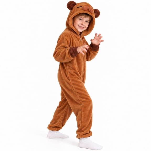 GOBWCOT Capybara Onesie Costume Pajamas for Kids, Animal Hooded One‑Piece Jumpsuit Outfit for Halloween Christmas Holiday Cosplay Party Loungewear