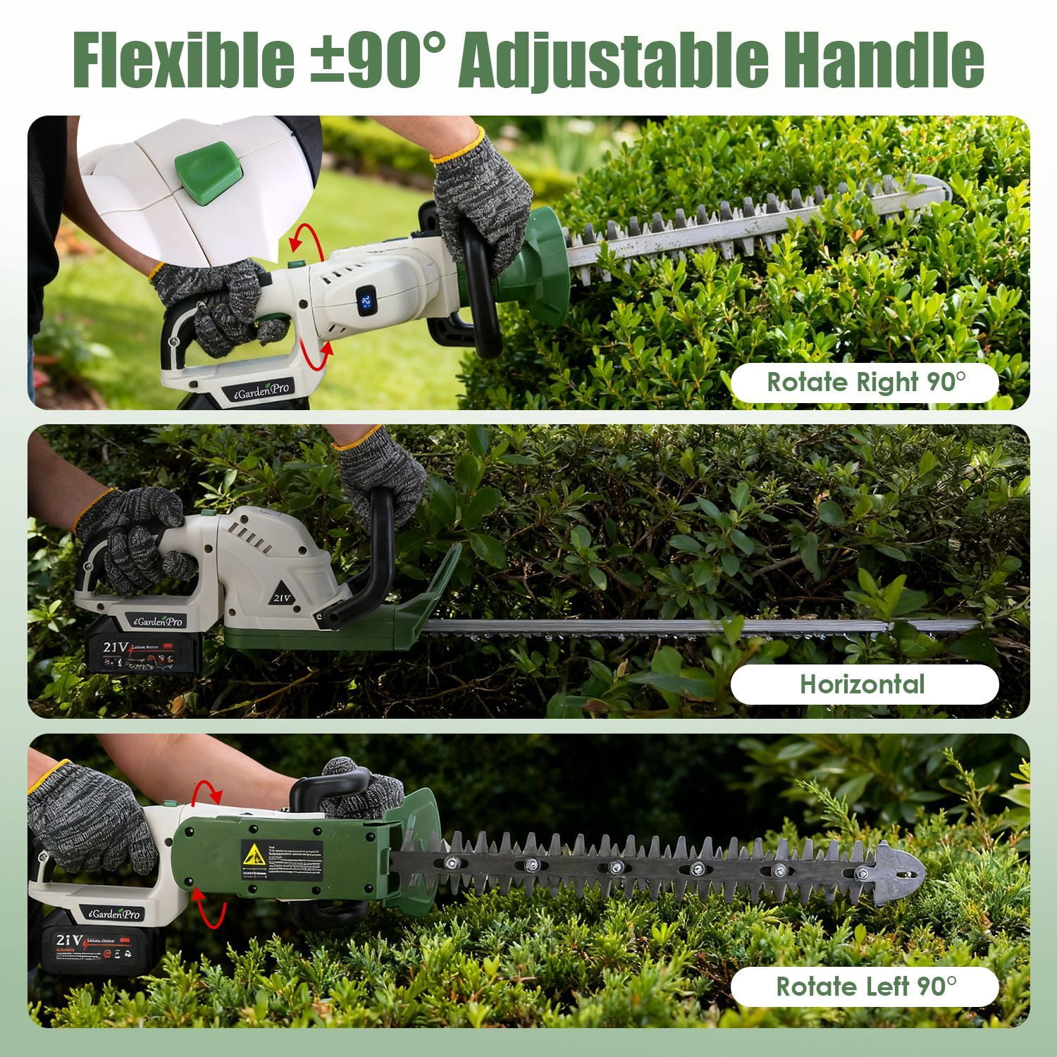 21V 20'' Cordless Hedge Trimmer with Dual-Action Blades, 0.6" Cutting Capacity, ±90° Adjustable Handle & Safety Lock, Electric Bush Shrub Trimmer for Garden Yard  RLB