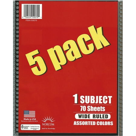 Norcom Wide Rule Notebooks, 10.5" x 8", Assorted Colors, 5-Pack of 70-Count