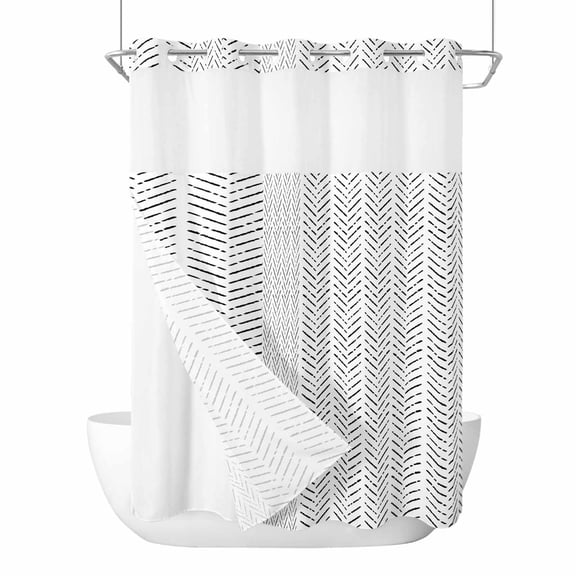 Black Striped No Hook Shower Curtain Waterproof, Bathroom Curtains with Snap in Liners and See Through Top Window, Modern Abstract Art Geometric Hotel Style Bathtub Curtains Shower 48"Wx72"L