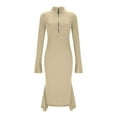 thumbnail image 4 of asdoklhq formal Dresses for Women Solid Elegant Chiffon Long Sleeve Half-Zip Flared Sleeve Knit Fishnet Dress Maxi Dress Sweater Dress Khaki 2X, 4 of 8