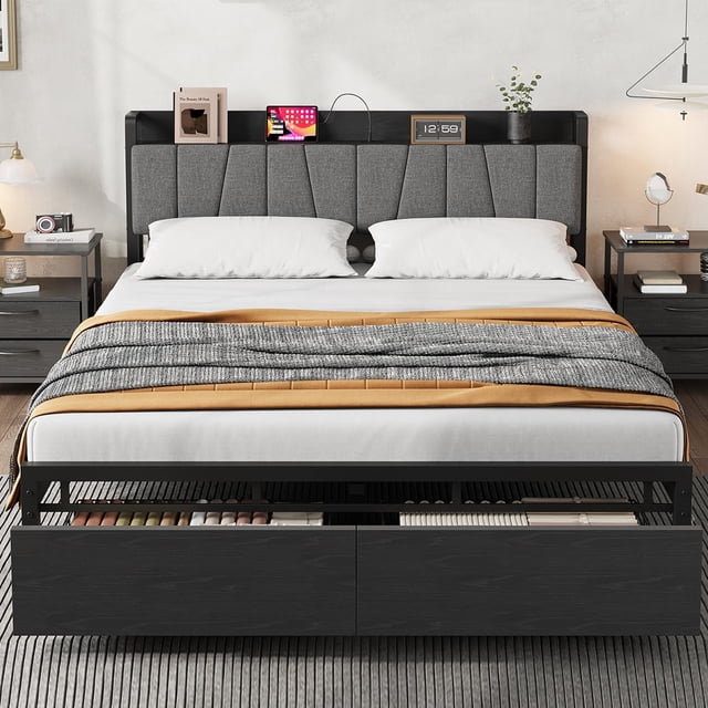 BeesClover Bed Frame with Upholstered Headboard and Storage, Drawers Platform Bed with Charging Station, Metal Slats Support, No Box Spring Needed