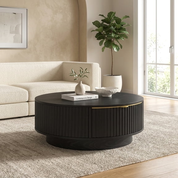 Round Coffee Table with Storage Drawer and Golden Handle - Modern Fluted Accent Table