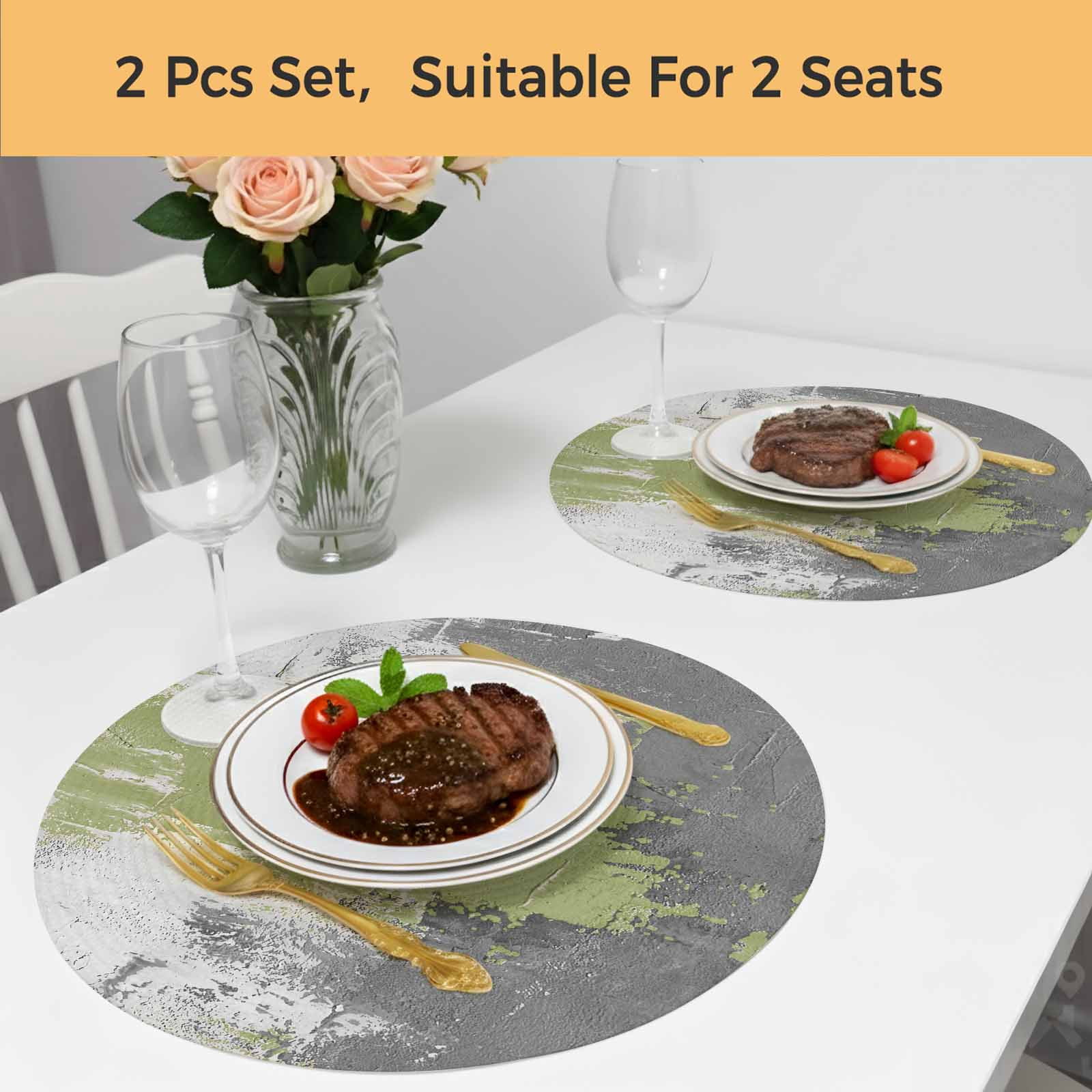 Sage Green Cement Gray Round 13 Inch Placemats Set of 2, Modern Abstract Art Green HeatResistant Non Slip Place Mats for Dining Table, Wipeable Braided Kitchen Table Mats for Housewarming