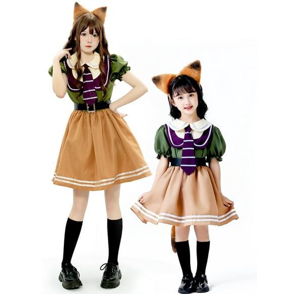 SUNSIOM Women Girl Fox Cosplay Short Puff Sleeve Dress Fox Tail Belt Necktie Headband Sets for Halloween Party Costume Accessories
