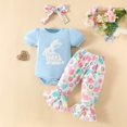 thumbnail image 2 of YunPes 3 Pcs Baby Girl Easter Romper Sets Cute Cartoon Bunny Egg Print Ruffle Short Sleeve Jumpsuit + Pant + Bowknot Headband Sets, 2 of 9