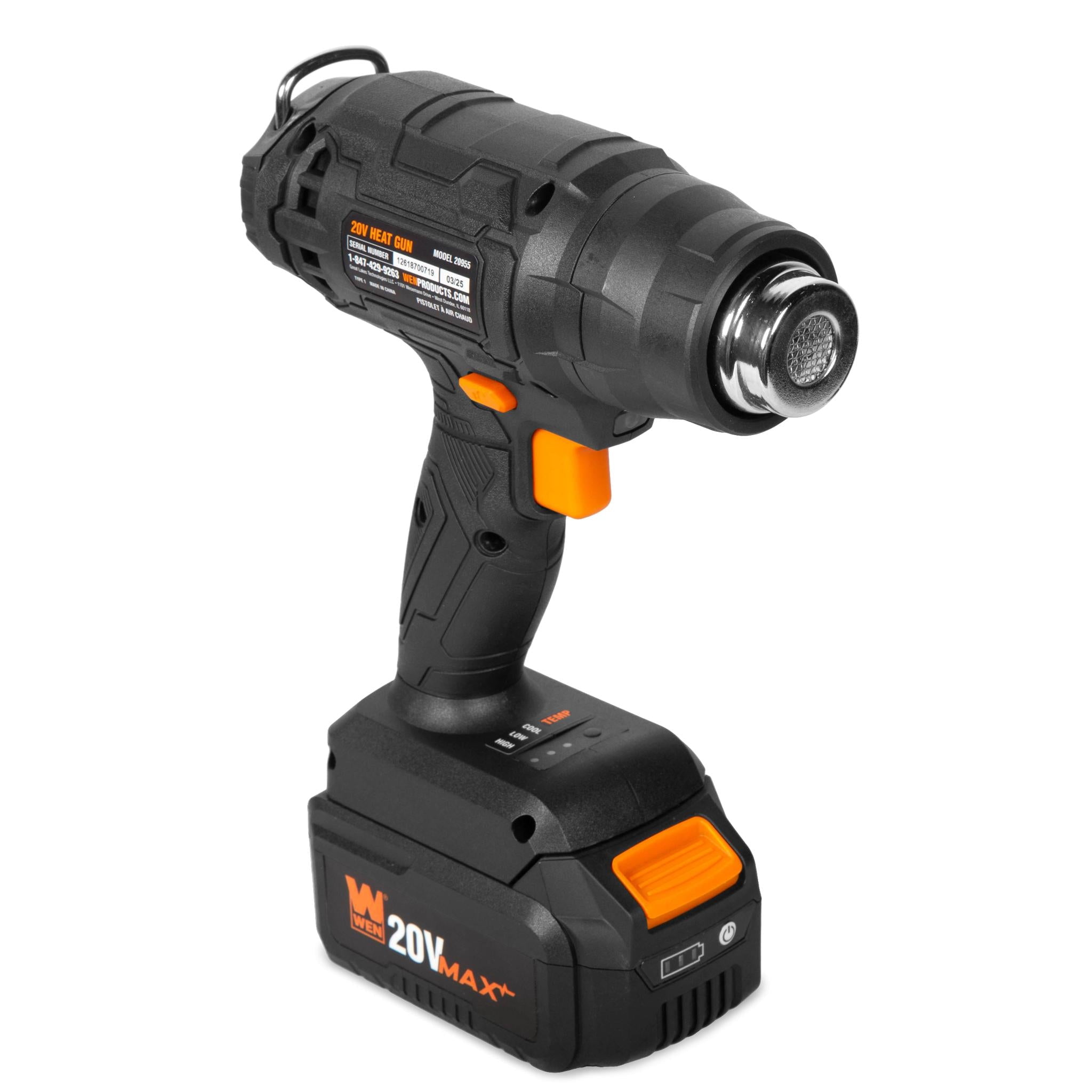 WEN 20V Max Cordless Compact Dual-Temperature Heat Gun with 4Ah Li-Ion Battery and Charger (20955)