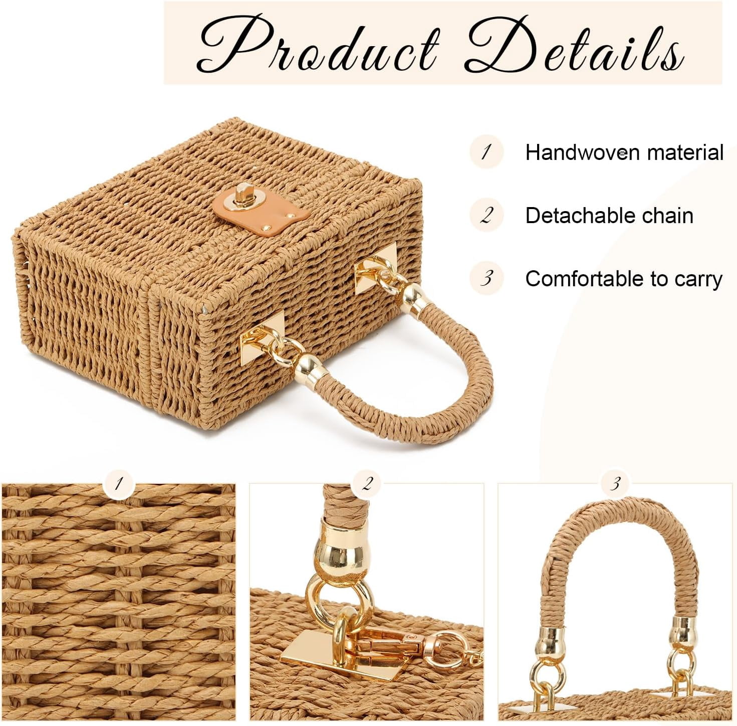 Handwoven Rattan Bag for Women Woven Straw Square Crossbody Bag Vintage Basket Purse Beach Tote Bag