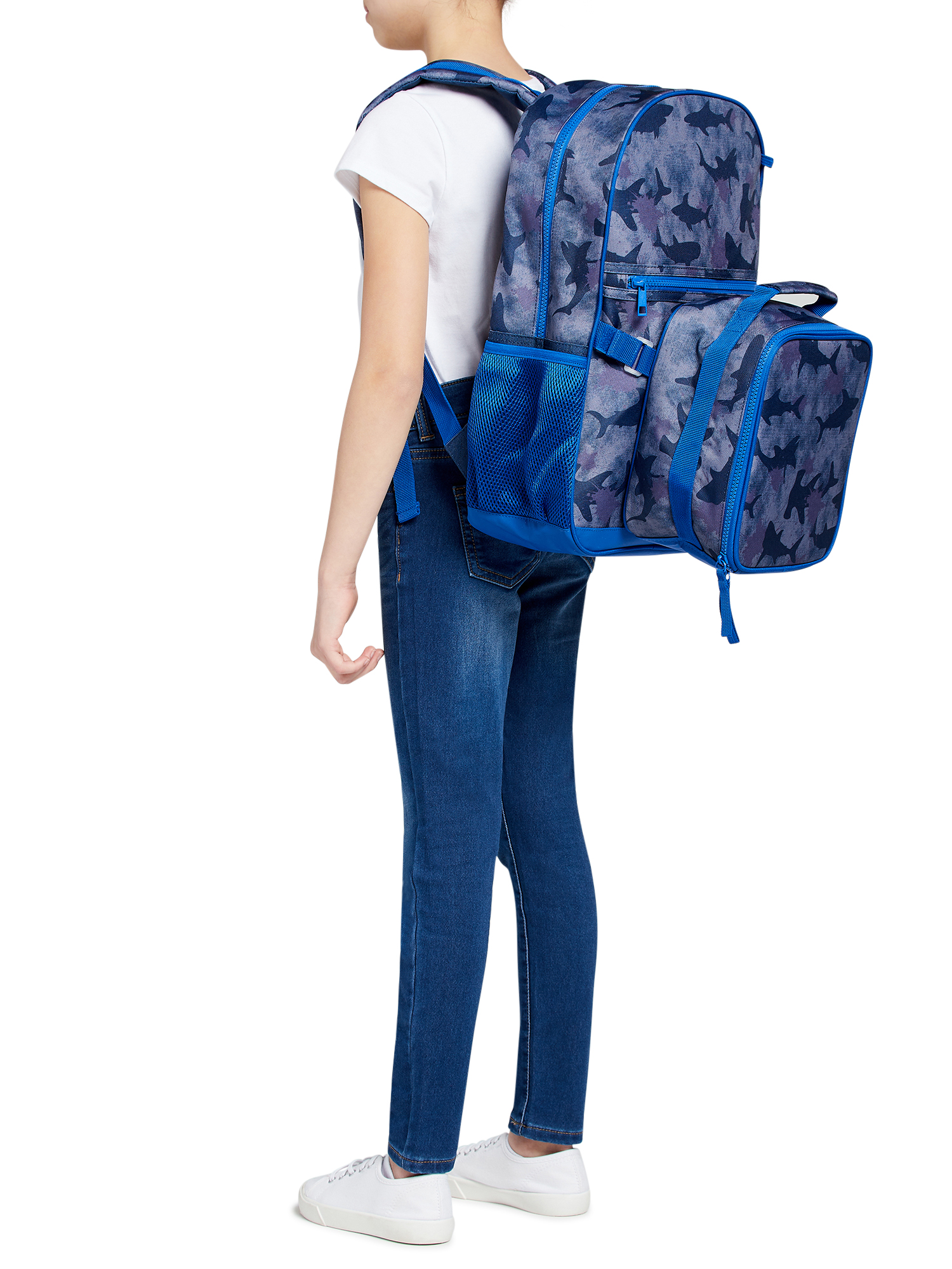 Wonder Nation Children's Backpack with Lunch Box and Pencil Case 3-Piece Set Blue Shark Camo