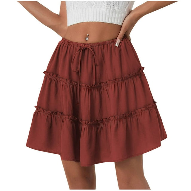 Besolor Women's Summer Boho Mini Skirt Elastic Waist Drawstring Ruffle Tiered A-Line Flowy Short Skirts