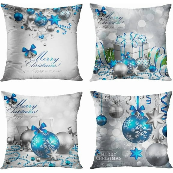 Ryan; Throw Pillow Covers 18x18 Inch Set of 4, Silver and Blue Christmas Ball Square Pillowcase Decorative Cushion Covers, Home Decor Pillow Case for Sofa Couch Bed