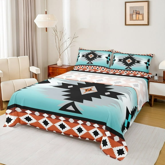Manfei Vintage Aztec Twin Sheet Sets,Blue Geometric Pattern Twin Fitted Sheet,Boho Theme Flat Sheet,Super Cozy Room Decor,3-Piece