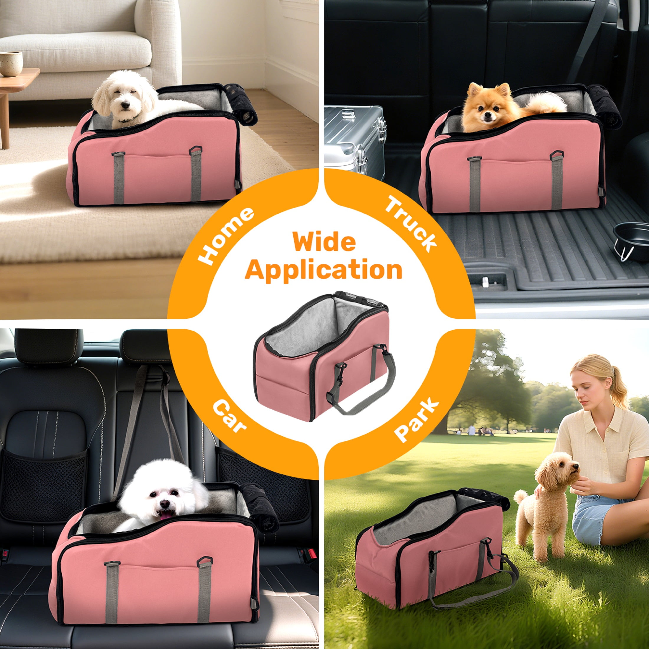 Pet Booster Seat For Cars, Dog Car Carrier With Safety Harness, Portable Travel Vehicle Pet Bed for Small Dogs, Cats Easy-Clean & Sturdy Construction, Pink