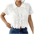 thumbnail image 2 of Ayolanni Cutout Womens T Shirts V-Neck Short Sleeve Button Down Solid Blouse Fitted Breathable Crocheted Shirts 2026 Summer Tops White L, 2 of 5