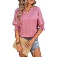 thumbnail image 2 of Tiqkatyck Women Summer Tops, Women's Fashion Short Sleeve Solid Color Loose V Neck Bat Sleeve Casual T Shirts, Shirts for Women Pink XL, 2 of 6