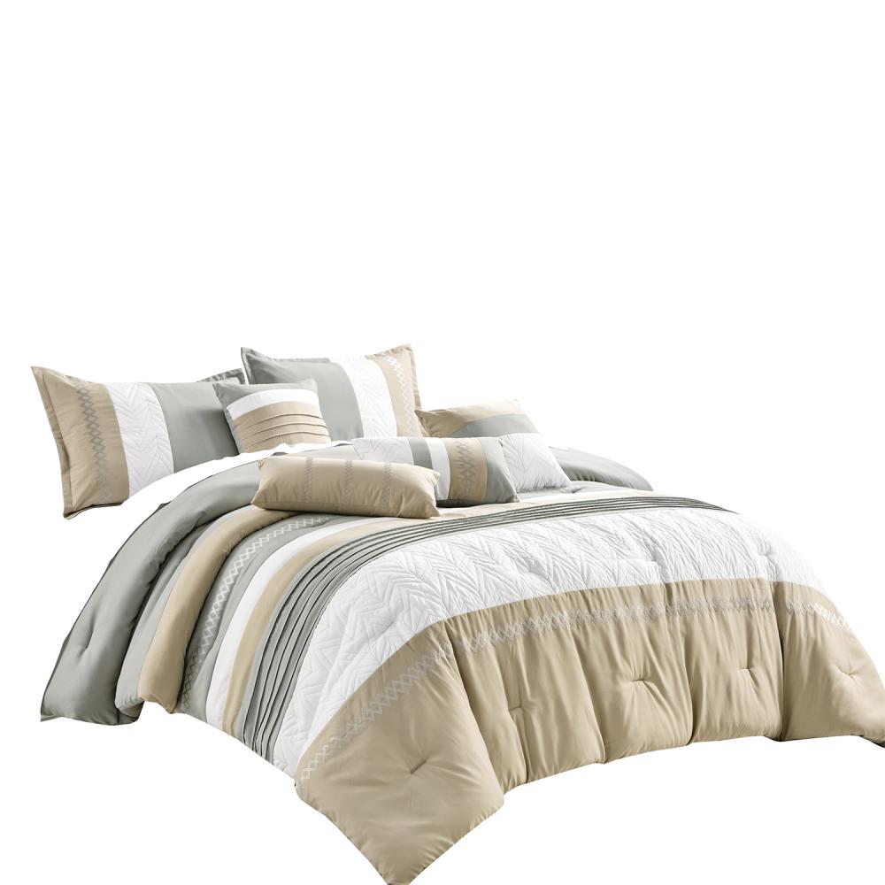 Striped Quilted Comforter Set in Sage Green and Beige – Neutral Modern Bedding, King