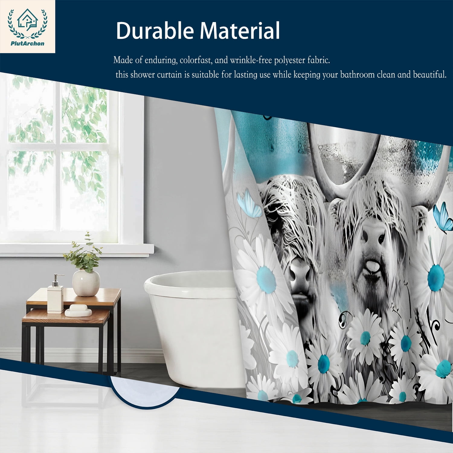 PLUTARCHON 1pc Playful Highland Cow Bathroom Set - Turquoise Fabric Shower Curtain & Rug, Get Naked Funny Modern Decor, 70.8"x70.8"