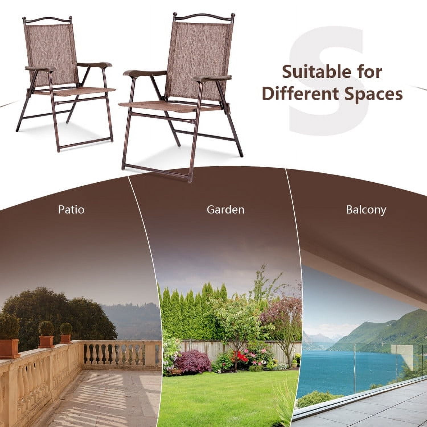 Aimee Lii Set of 2 Patio Folding Sling Back Camping Deck Chairs, Outdoor Patio Set, Brown