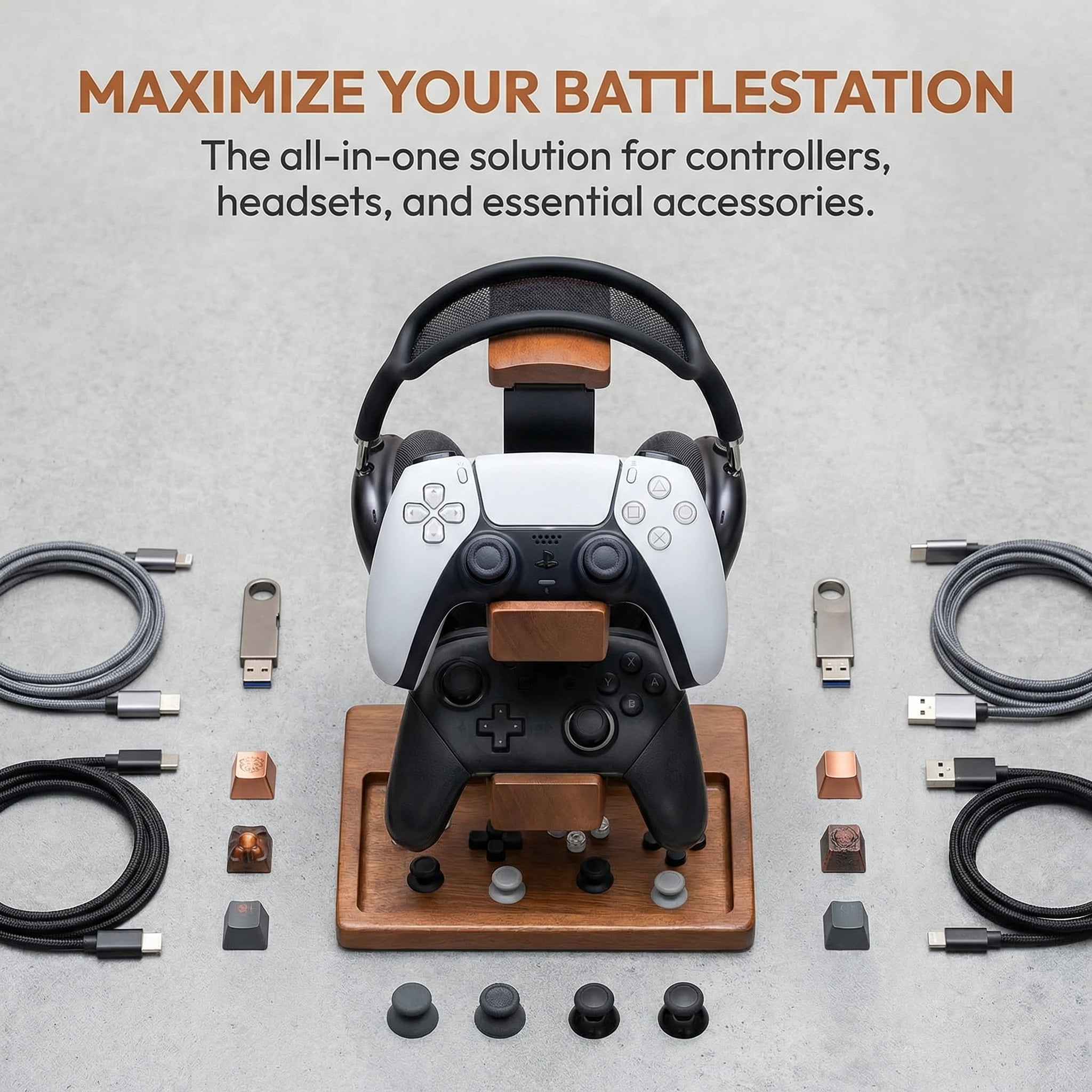 Solid Wood Controller Holder and Headphone Stand, Gaming Controller Stand for Desk, Dual Controller Organizer Rack, Fits Xbox, PS4, PS5, Gamepad, Headset Holder for Son, Husband, Boyfriend