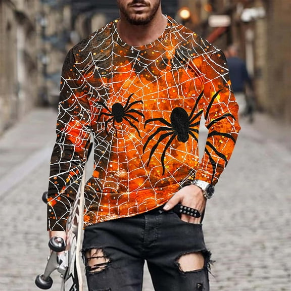 FDGIU Men's Halloween Graphic Tees Men Casual Round Neck Long Sleeve Pullover Halloween Fashion Printed T-Shirt Blouse Tops Casual Shirts