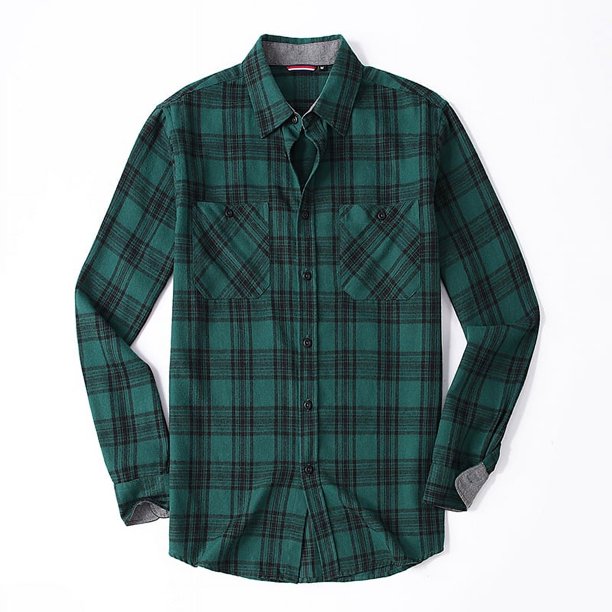 Camisa de flanela xadrez casual masculina, manga comprida, diseño de bolso duplo no peito, botão impresso, nova moda