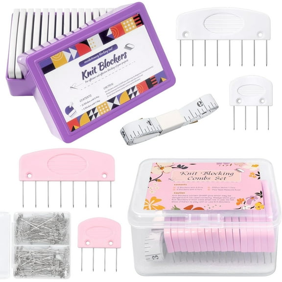 2Boxes Knit Blockers&Pins Kit, 40Pcs Pink White Color Knit Blockers Combs, 100 T-pins for Blocking Knitting Crochet, Needlework Projects, Knitting Block Pins Tool for Blocking Mats
