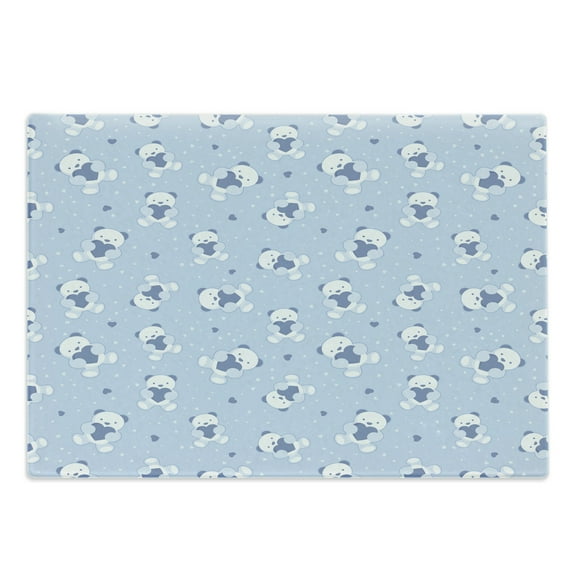 Cartoon Cutting Board, Teddy Bears Blue Backdrop Holding Hearts Shower Theme, Decorative Tempered Glass Cutting and Serving Board, Large Size, Cadet Blue Pale Blue, by Ambesonne