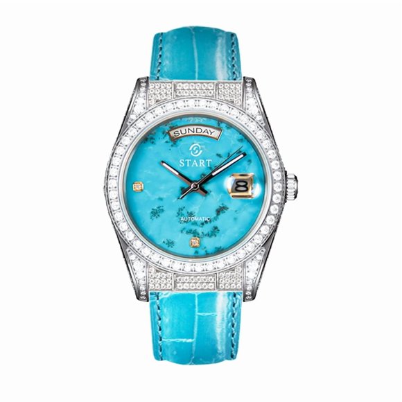 【START】Turquoise Men's Watch Swiss Fully Automatic Mechanical Movement Diamond Watch Date Week Function Butterfly Buckle Crocodile skin Strap
