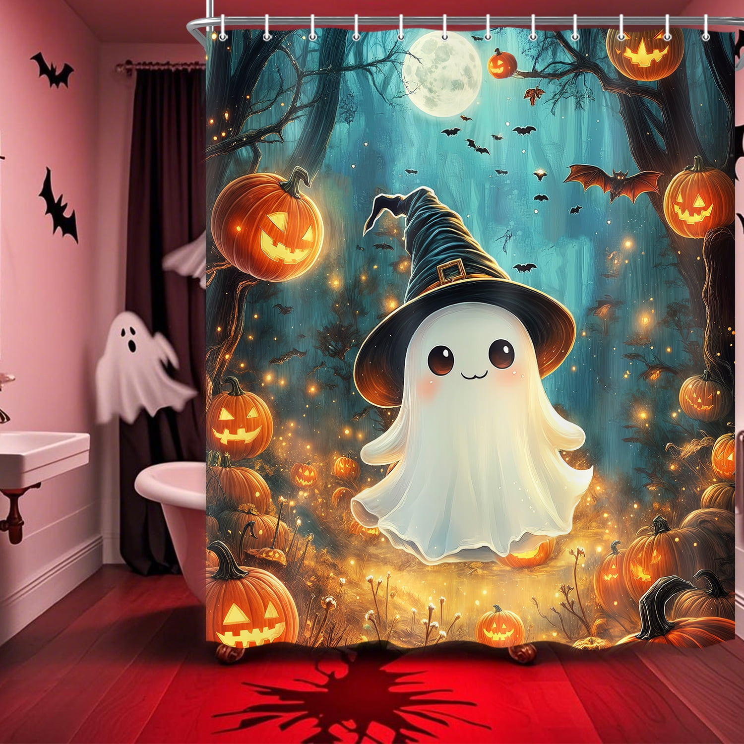 Halloween Ghost Shower Curtain, Cute Funny Ghosts Pumpkin Full Moon Shower Curtain Set for Bathroom, Gothic Scary Night Forest Bathtub Decor Accessories with Hooks, 70X85in