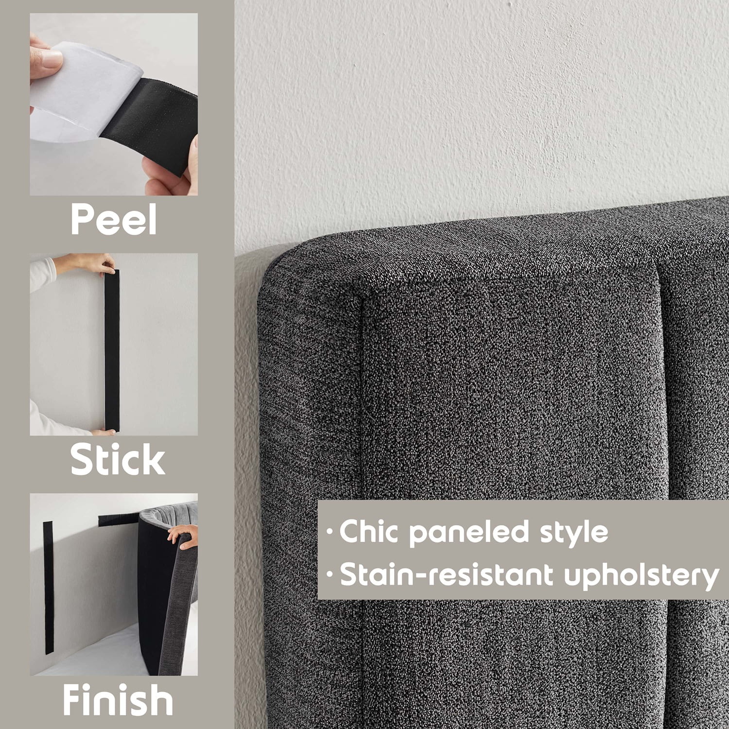 Virtu Upholstered Queen Headboard No Tools Required Peel and Stick Bed Headboard Only, Gray