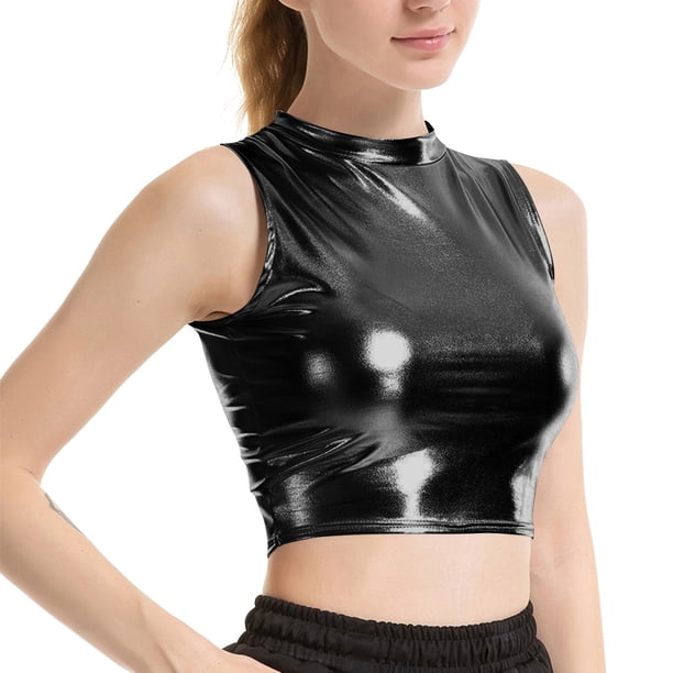 TaTaai Womens Shiny Patent Leather Sleeveless Top High Neck Fitted Crop Vest Nightclub Party Glam Metallic Wear Gift