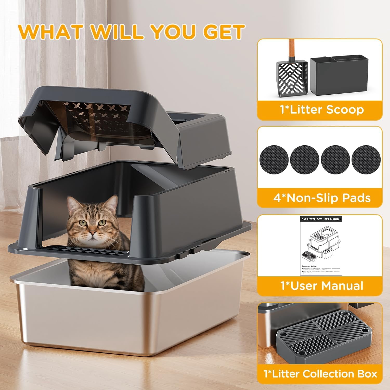 Stainless Steel Litter Box with Lid, XL Closed Metal Litter Box Modular Design with Flip Lid Fits All Cats, Extra Large Covered High Sided Cat Box, Scoop, Non-Sticky, Easy Cleaning (Dark Grey)