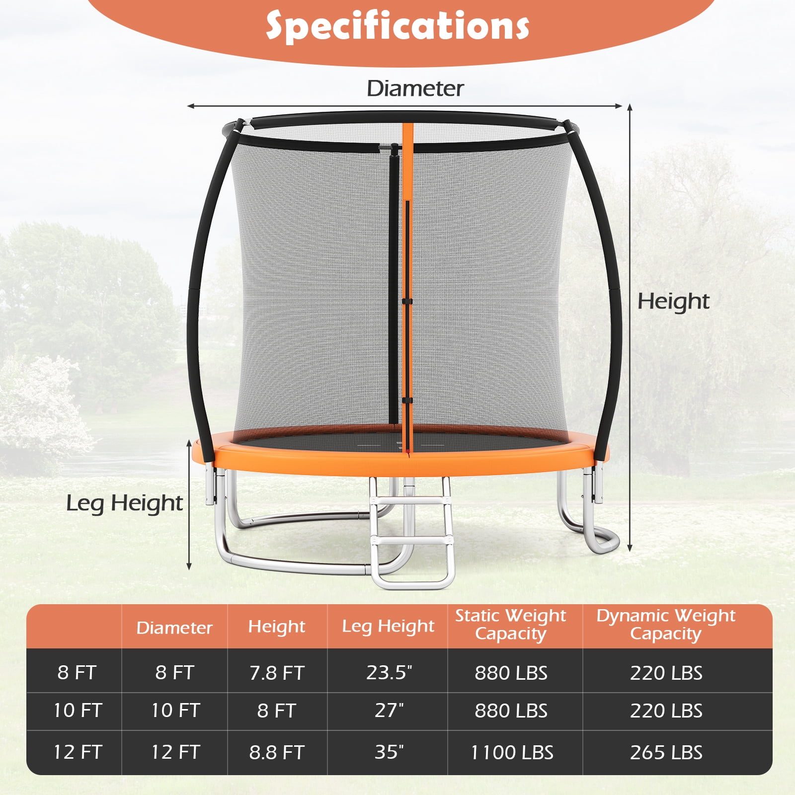 Gymax Outdoor Trampoline w/Safety Enclosure Net & Anti-Rust Galvanized Steel Frame Orange