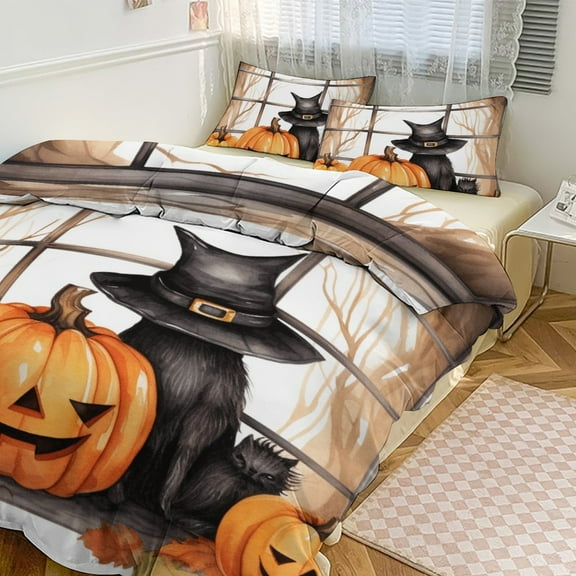 Pumpkin Lantern Black Cat Bedding Set with Zipper Closure for Girls & Boys