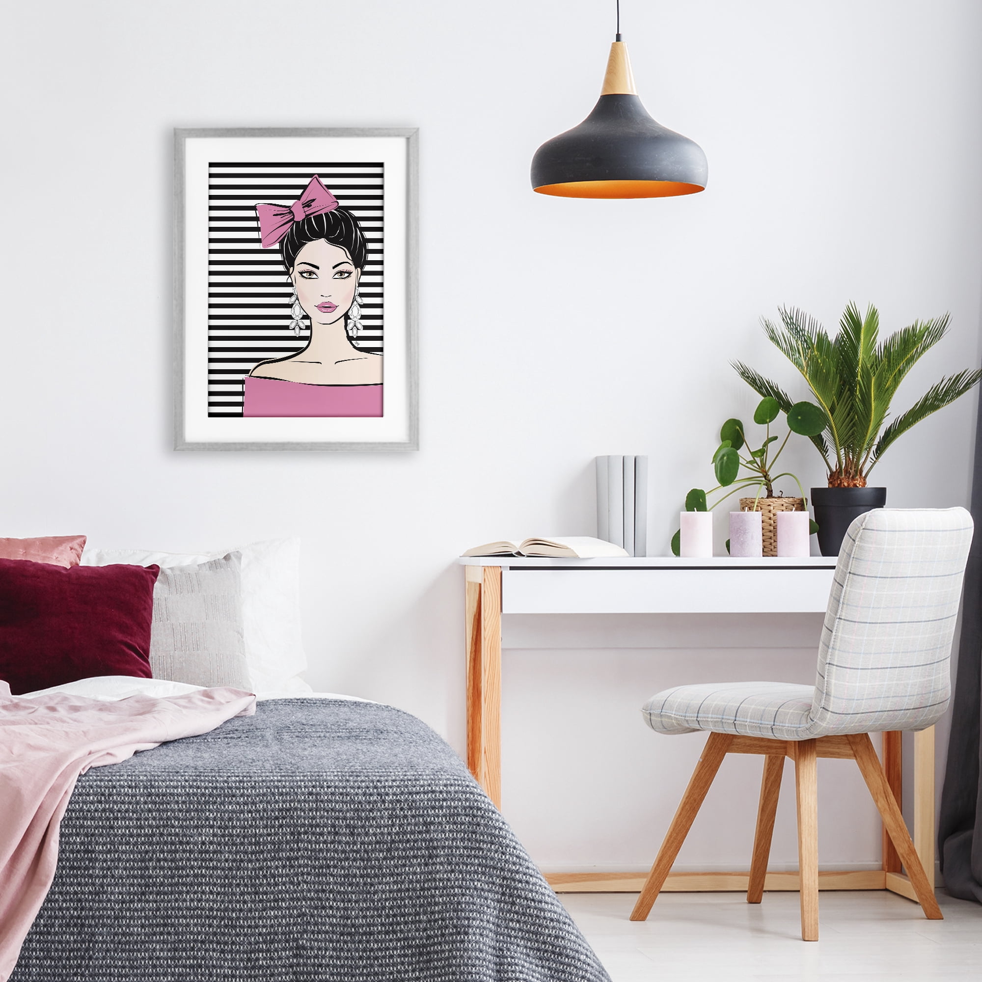 Stupell Industries Girl with Pink Bow & Earrings Gray Framed Print Under Glass, design by Martina Pavlova