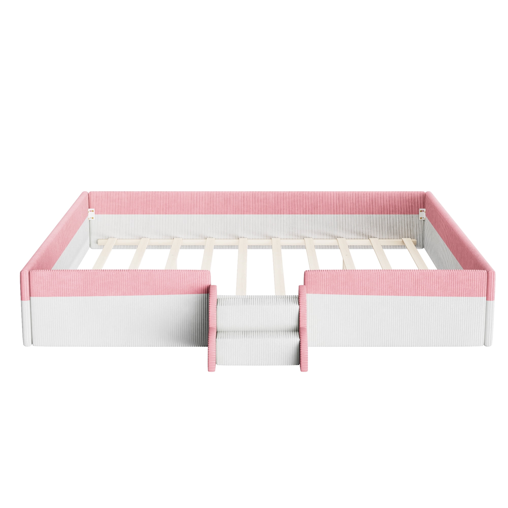 Howcool King Size Corduroy Upholstered Floor Bed with Fence and Smart LED Lights,2-Tier Steps Platform Bed Frame,Pink+White