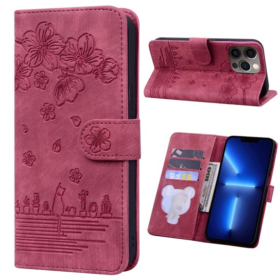 TECH CIRCLE Shockproof Case For iPhone 14 Plus,360 Protection Cute Comic Sakura Cat Embossed PU Leather Magnetic Closure Flip Wallet Stand Cover with Wrist Strap.For iPhone 14 Plus,Red