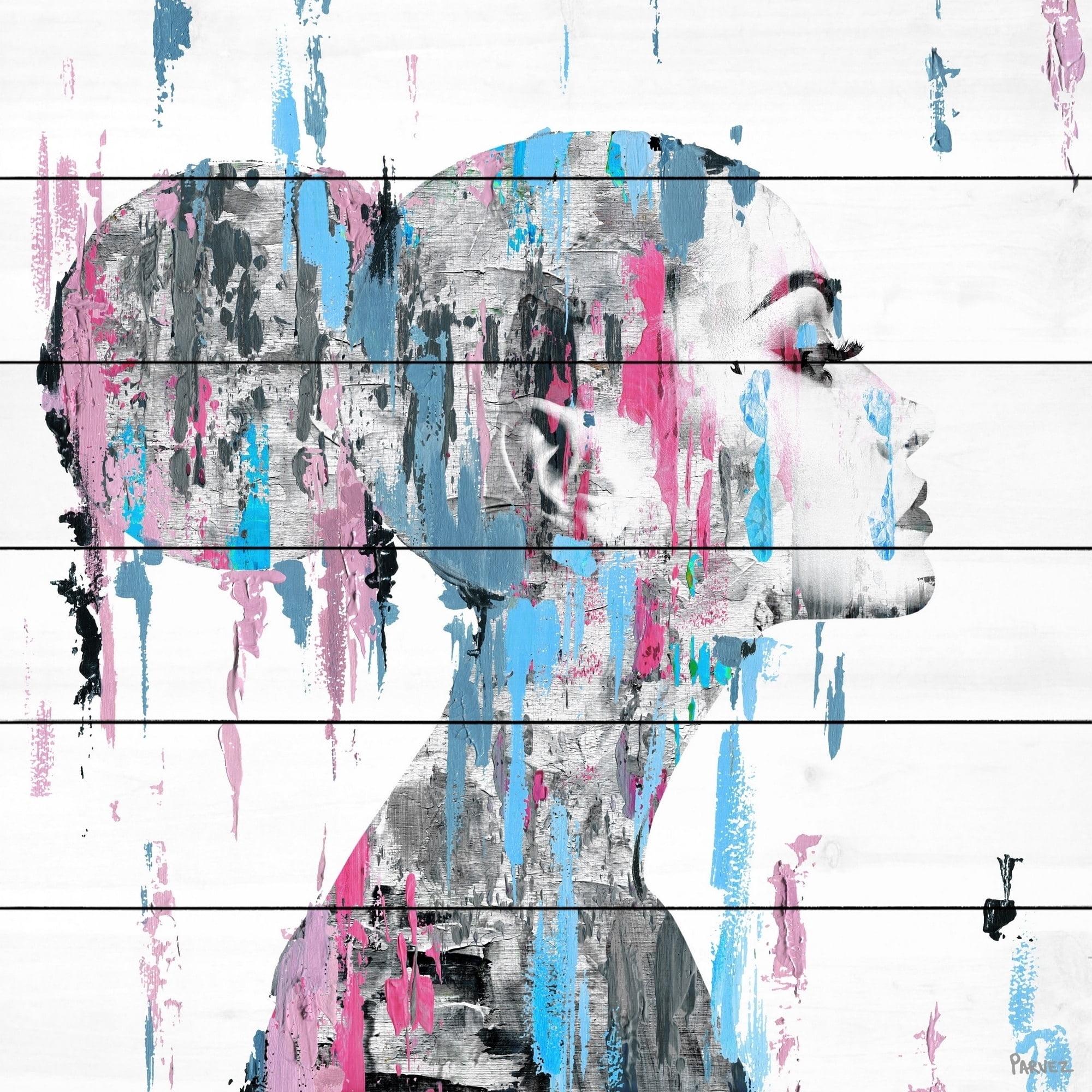 Parvez Taj Pink Blue Face Smudges White Wood Wall Art