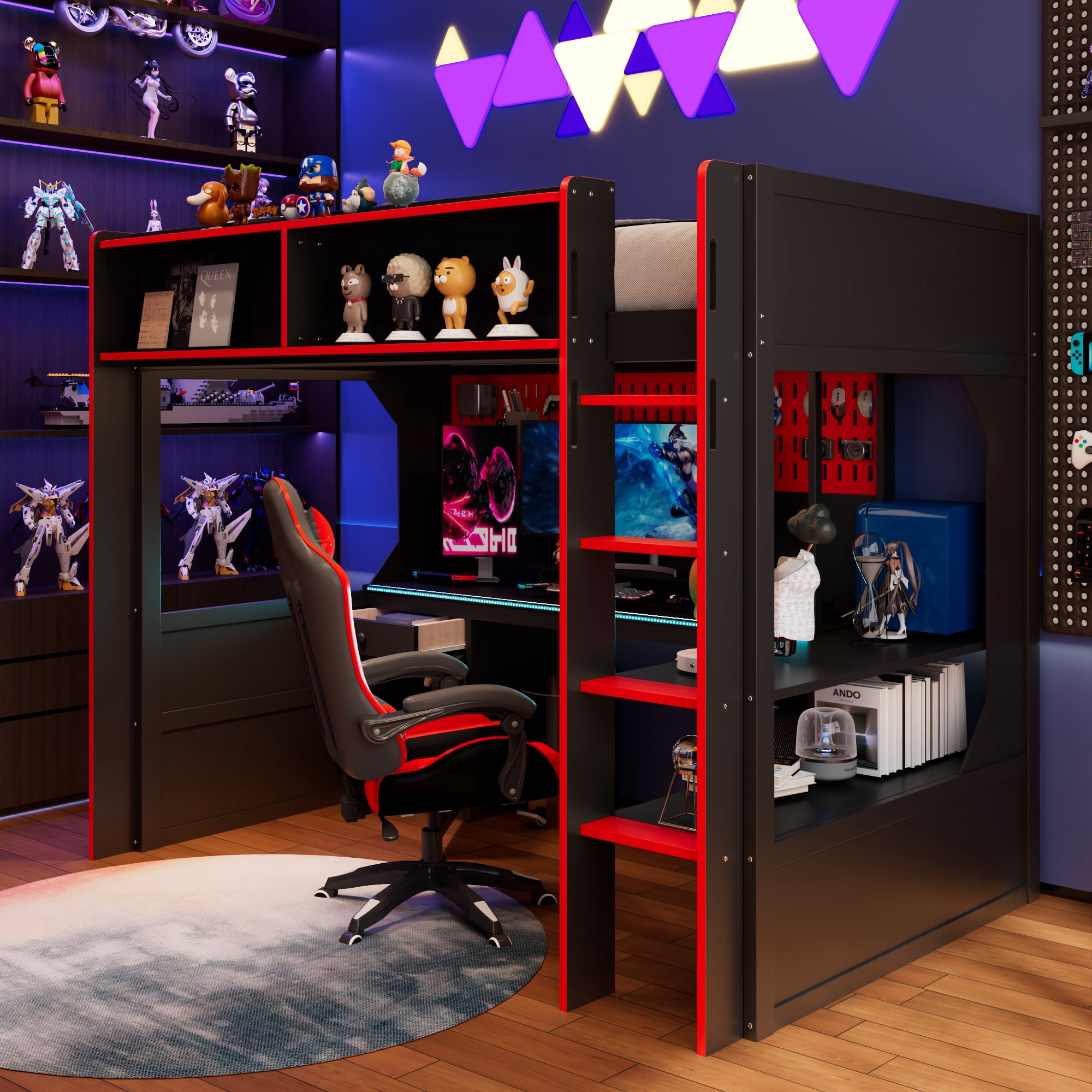 Mintazer Twin Size Gaming Loft Bed with Desk & LED Lights, Modern Bed Frame with Storage Shelves & Pegboard and Charging Station for Dorm Bedroom Apartment, Black & Red