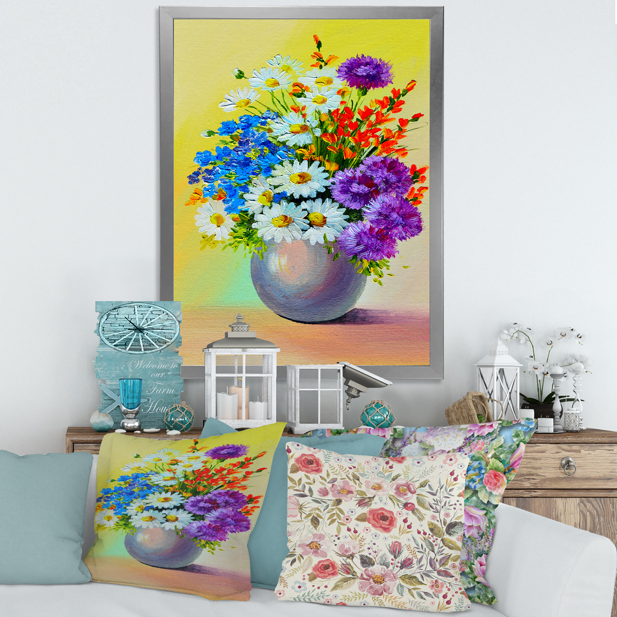 Designart 'Still Life A Bouquet Of Red Blue & White Flowers' Traditional Framed Art Print