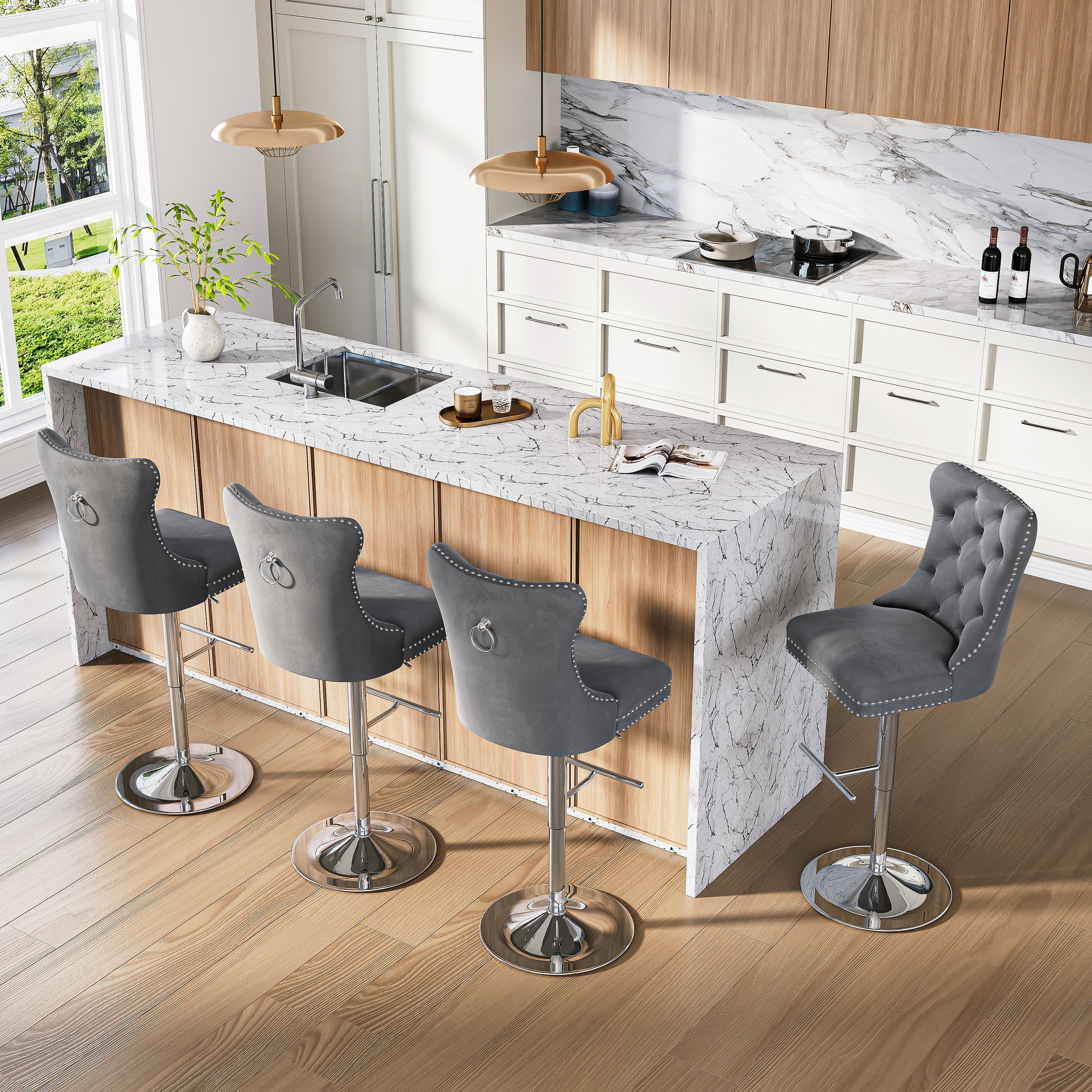 Modern Velvet Bar Stools Set of 4 Adjustable Swivel Counter Height Chairs with Upholstered Back and Nailhead Trim for Home Pub Kitchen Island