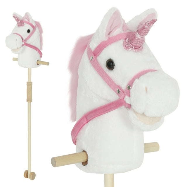 Qaba Unicorn Cheval en Peluche avec Roues en Bois, Sons Réels pour Enfants, Blanc