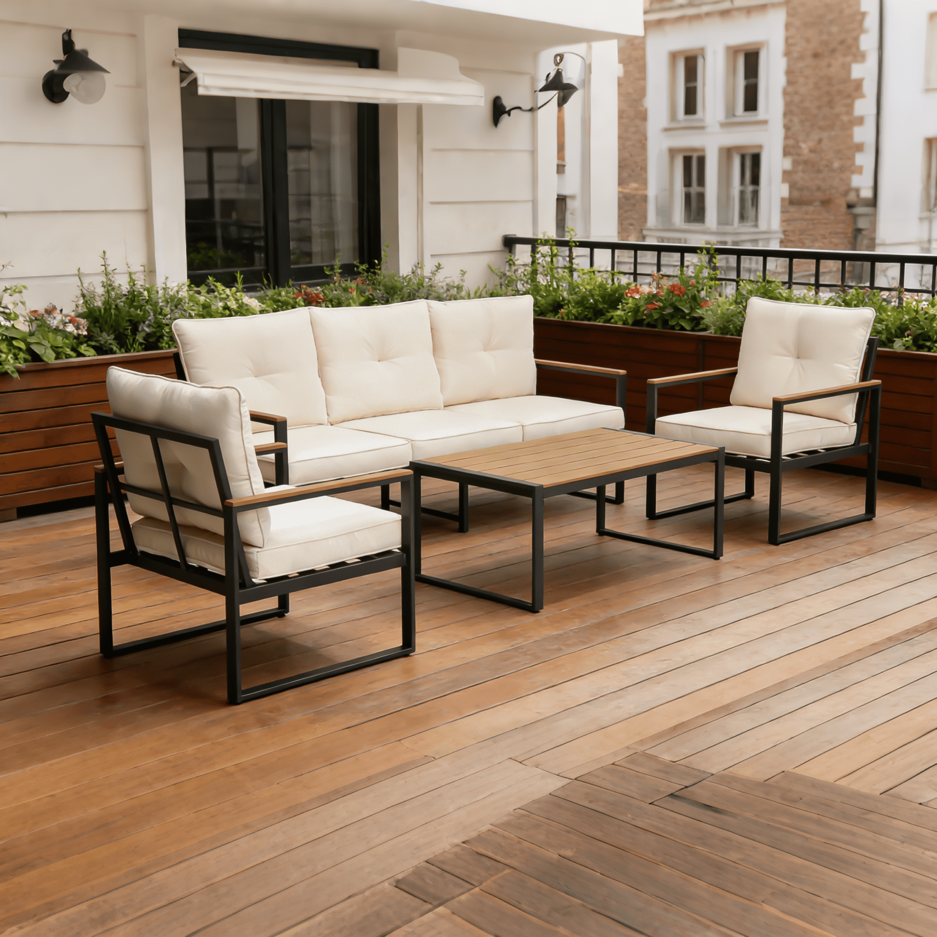 Oversized 5-Seater Steel Outdoor Patio Furniture Set, Metal Sectional Sofa with 4” Thick Cushions, WPC Coffee Table, Heavy Duty Conversation Set for Garden, Backyard & Deck