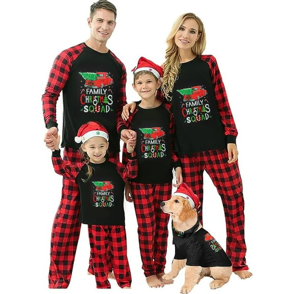 Elippeo Family Matching Christmas Pajamas, Baby Romper/Pet Apparel/Letter Car Christmas Tree Pattern Tops and Plaid Pants Sleepwear Set