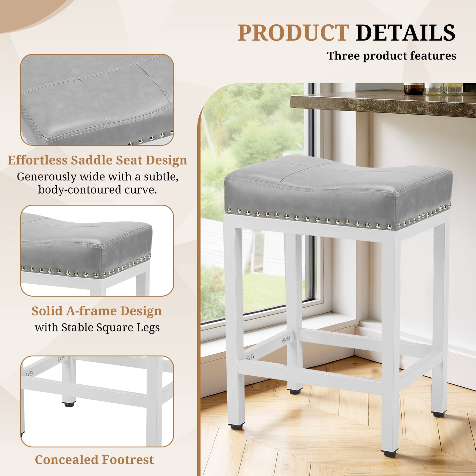 Sybels 24" Saddle Bar Stools (Set of 2) - PU Leather Counter Stools with Footrest for Kitchen Island, Cafe，Gray