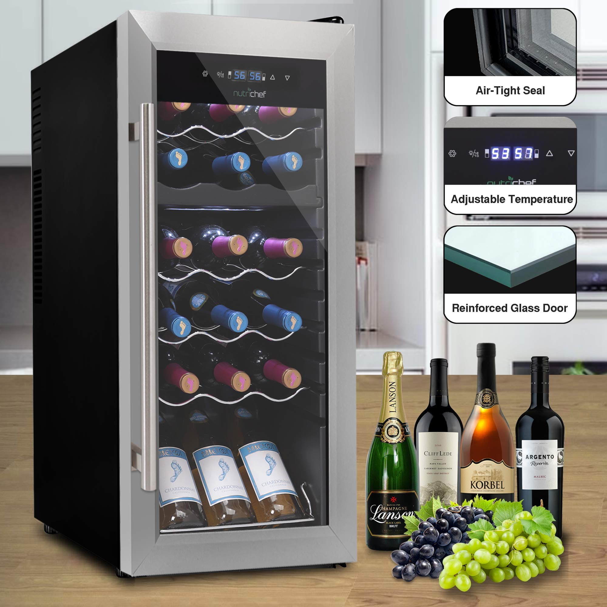 NutriChef 18 Bottle Dual Zone Cooler for Wines Chiller, Freestanding Compact Countertop Mini Fridge