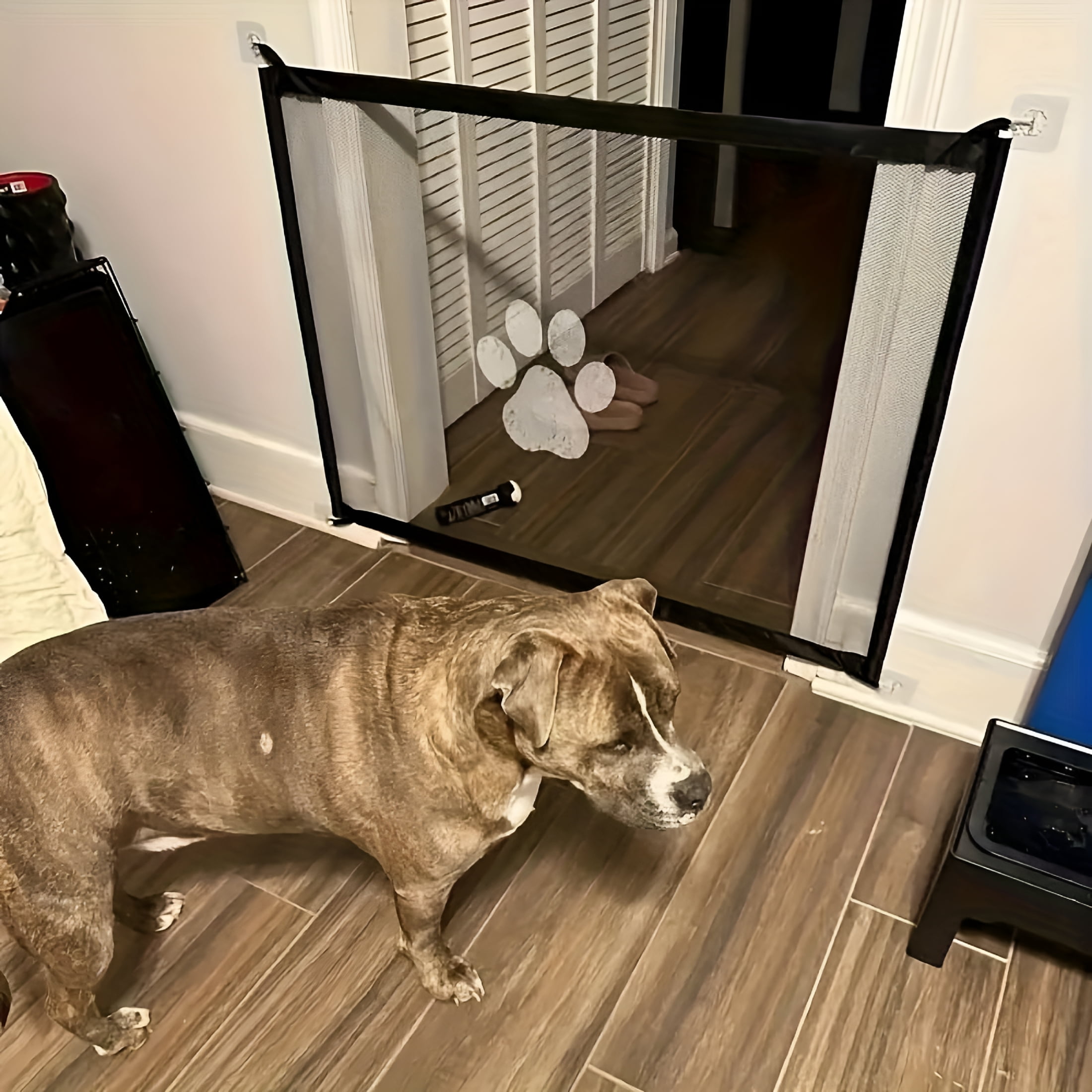 LAMIRO Retractable Expandable Mesh Dog Gate for Indoor and Outdoor Use - Tall Free Standing Pet Barrier with Door, Fits Stairs, Wide Doorways(Extra Long)